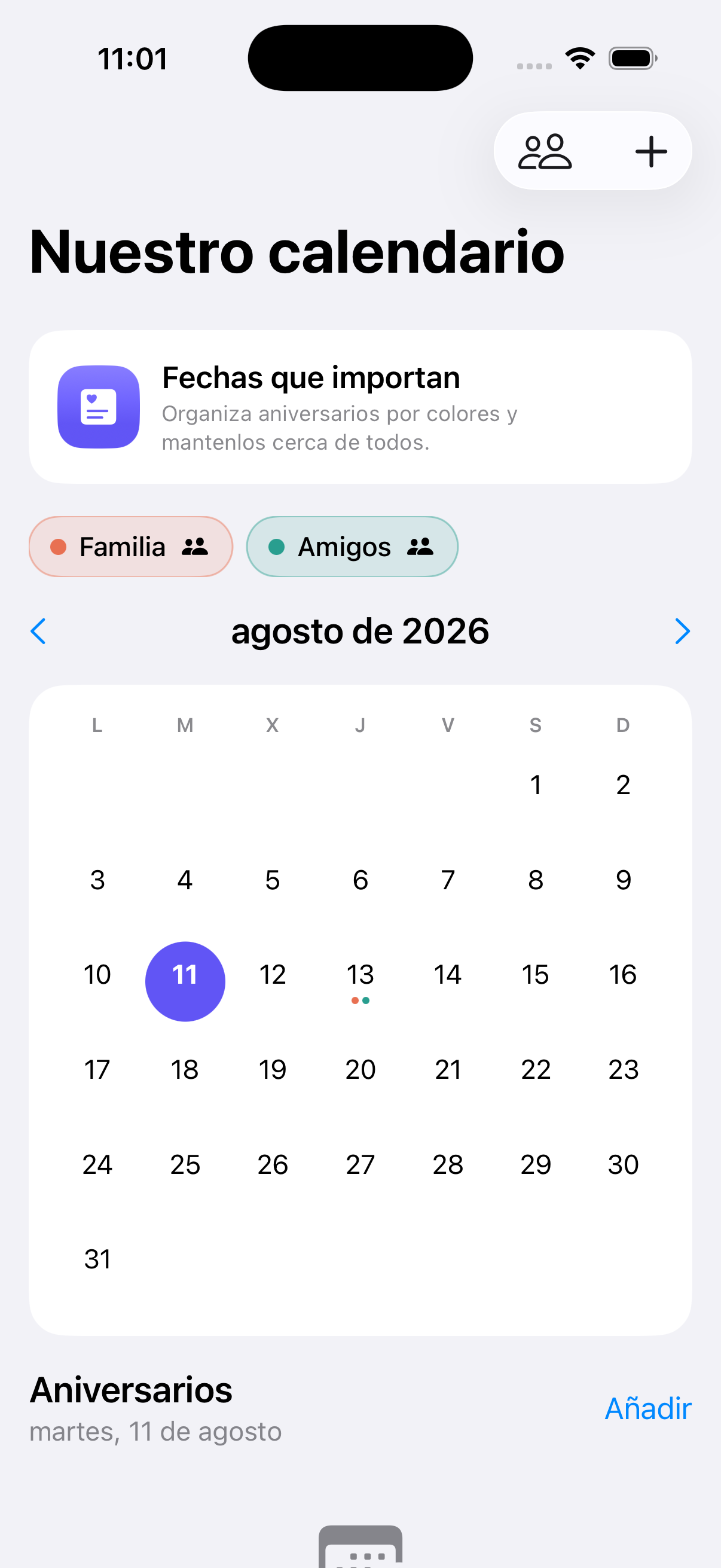 Calendarios privados por colores en Anniary para iPhone