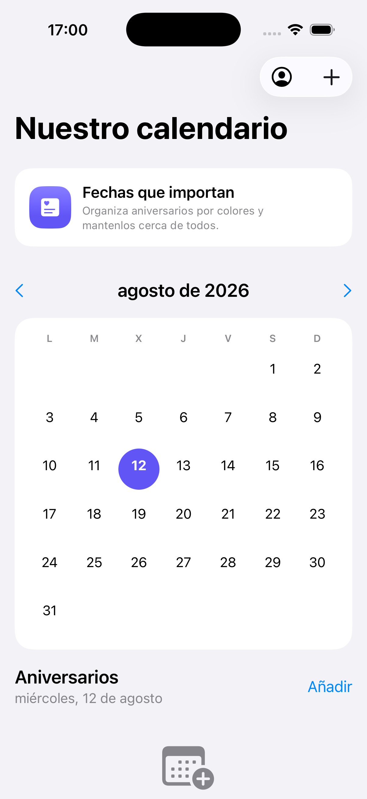 Calendario mensual de Anniary en iPhone